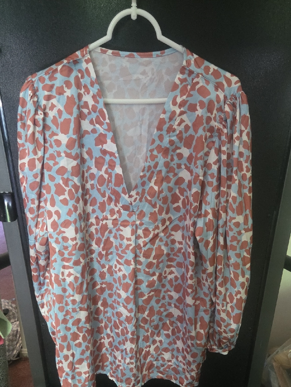 V-Neck Long Sleeve Animal Print Blouse - Blue & Rust